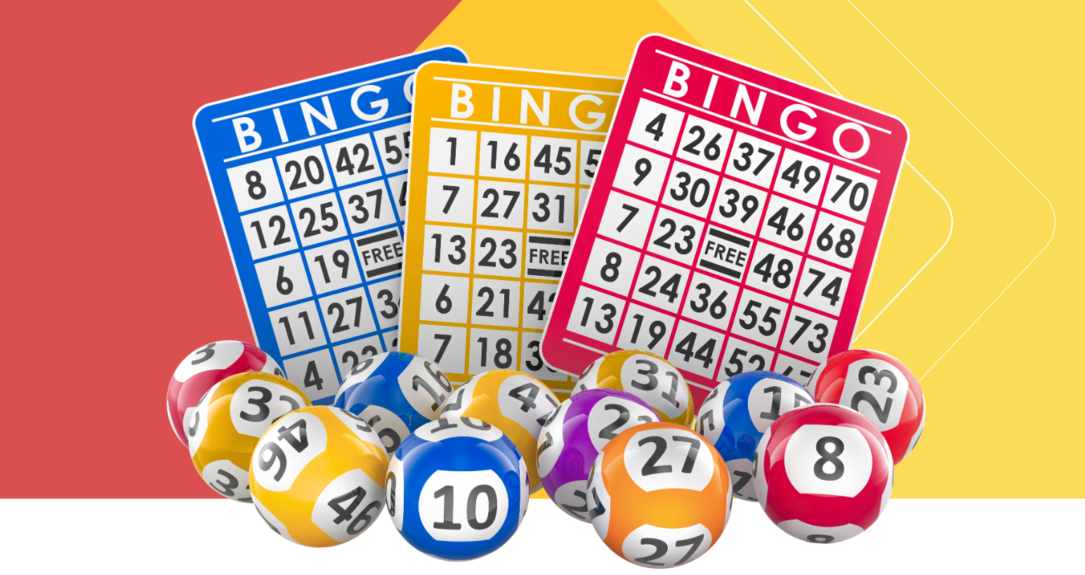 Image with three bingo cards and several bingo balls in the forefront